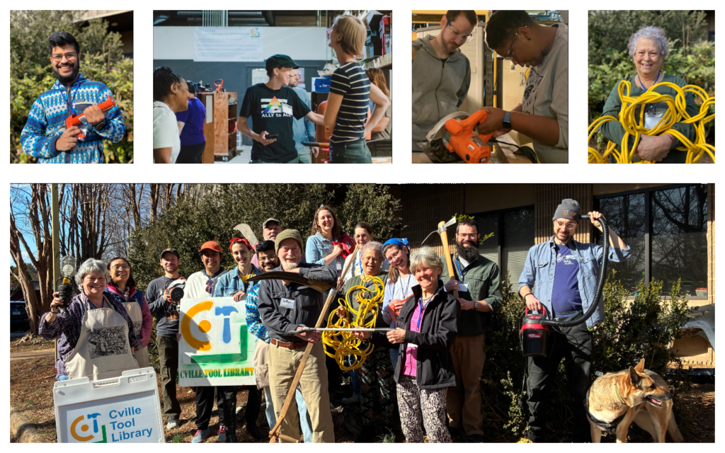 Photo collage of Cville Tool Library volunteers holding and demonstrating tools.